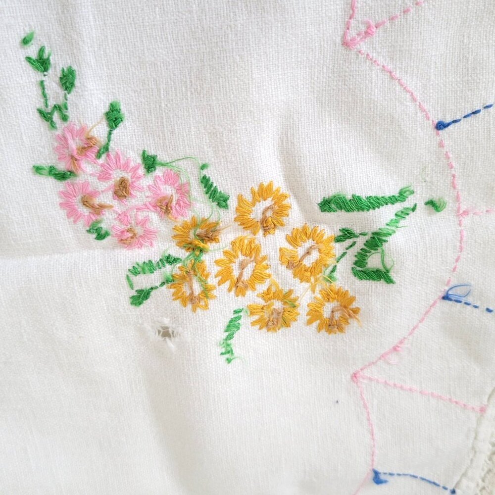 Vintage Embroidered Dresser Scarf Table Runner Flowers Crocheted Trim 26" x 20" - Picture 3 of 8